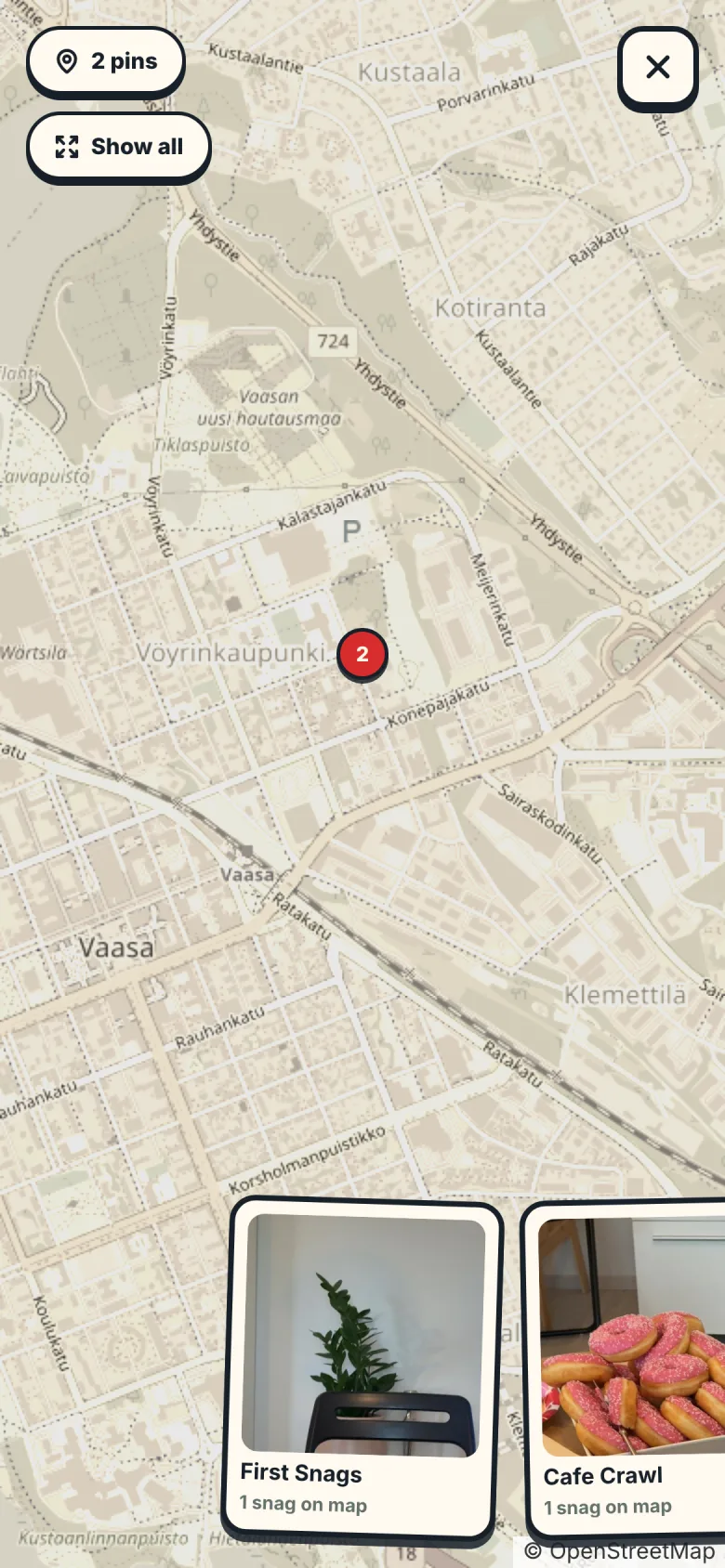 Find map with GPS pins and polaroid photos of your snags