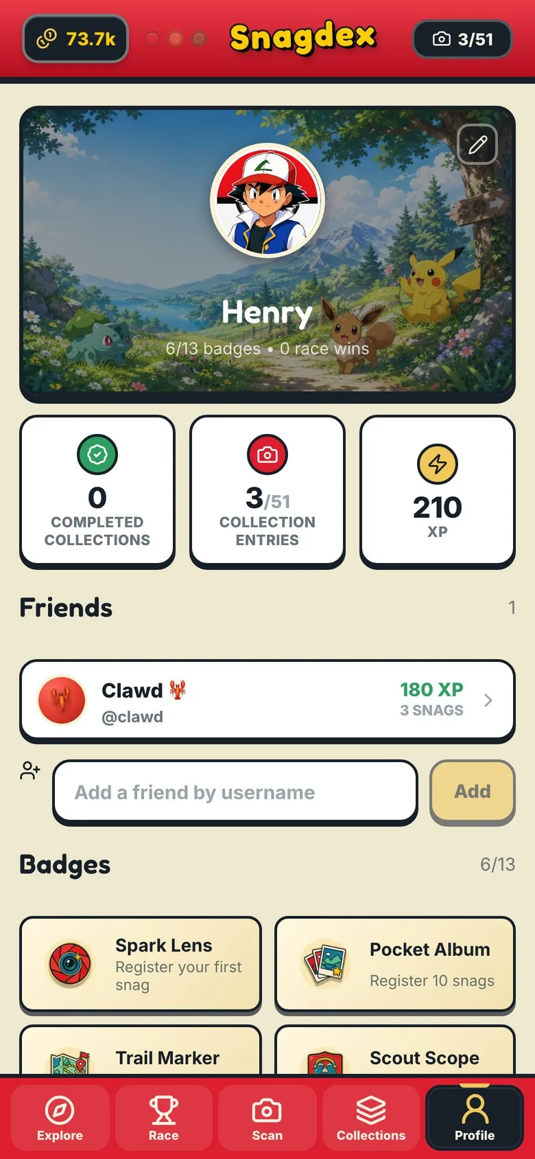 Profile with XP, badges and friends